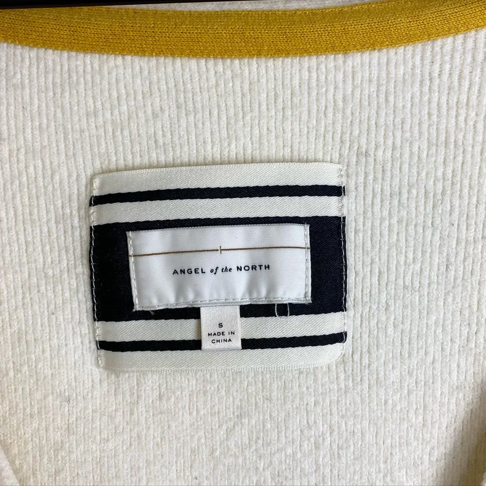 Anthro Angel of the North Varsity Cream Navy Wool Cotton Blend Stripe Cardigan